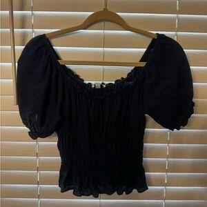 Freshman Navy Puff-Sleeve Smocked Crop Top